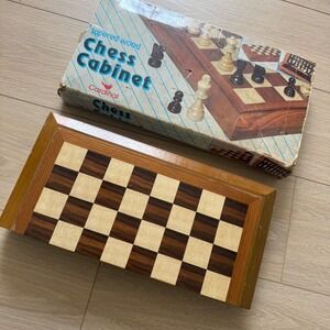 Vintage Cardinal Wood Chess Cabinet Set Weighted Wood Pieces Inlaid Board 8216